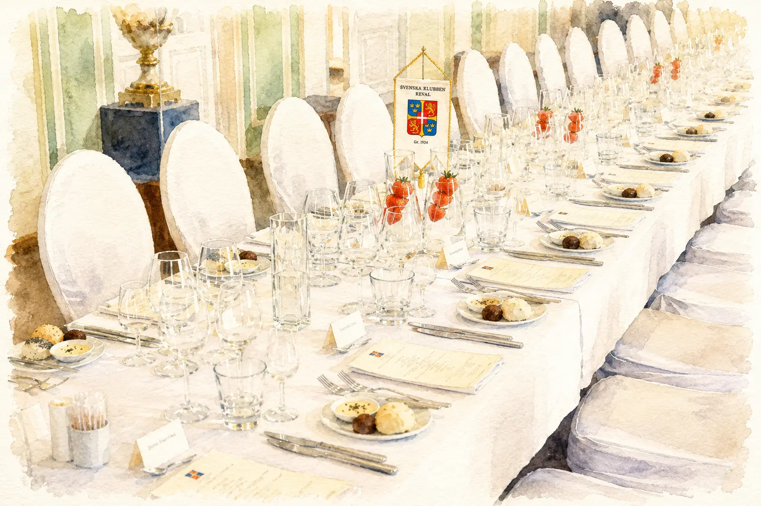 The set banquet table of the Swedish Club in Reval, with the club banner of 1924