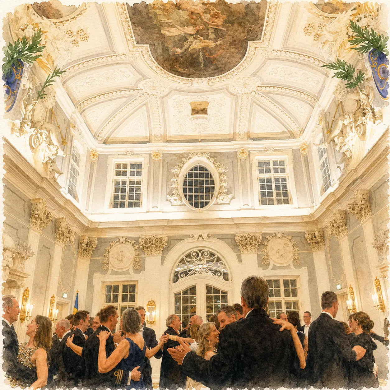 Couples dancing beneath the chandeliers of the palace ballroom