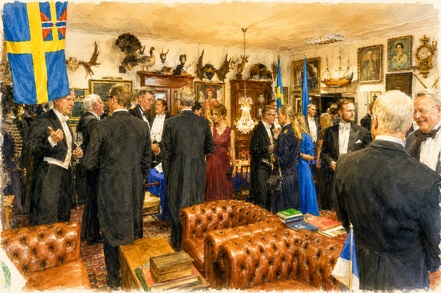 Members and guests gathered at the Swedish Club in Reval premises — a fellowship evening among antiques, hunting trophies and the Swedish flag
