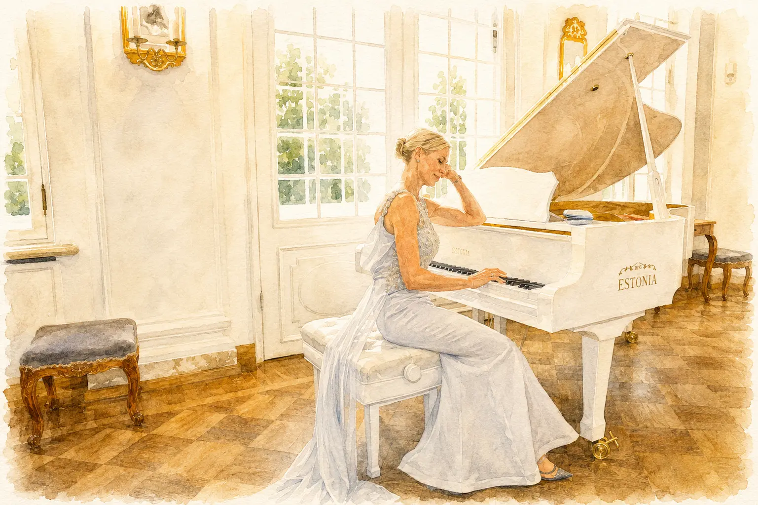 A pianist at the white grand piano in the palace