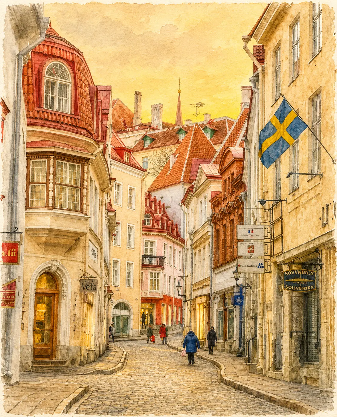 A watercolor view of Pikk street in the Old Town of Reval, with the Swedish flag hanging outside the Swedish Club